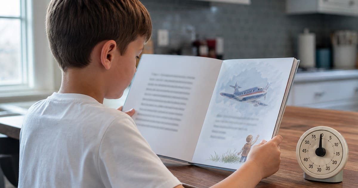 Мальчик читает большую детскую книгу за кухонным столом, рядом кухонный таймер
