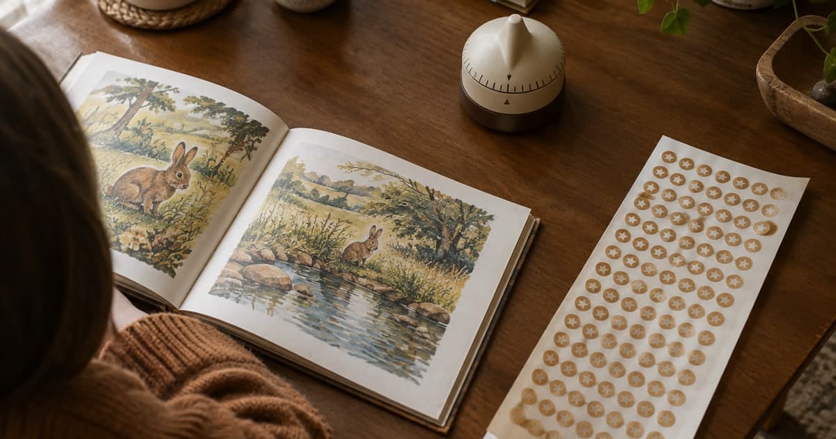 Ребёнок читает иллюстрированную книгу рядом с таймером, а на листе закончилась цепочка наклеек